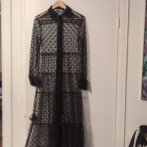 Zara Sheer Tulle Polka Dot Long Sleeve Tiered Maxi Dress Size M